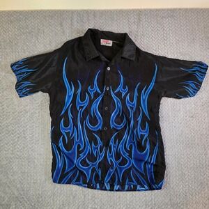 Y2K Flame Button Up Shirt Black Blue Fire Graphic Short Sleeve Men's